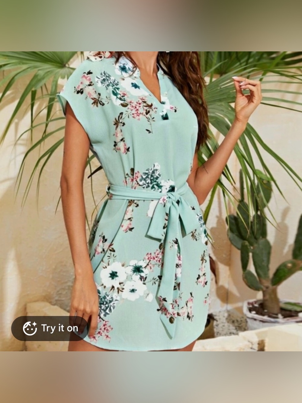 SHEIN Mint Floral Tie-Waist Mini Dress